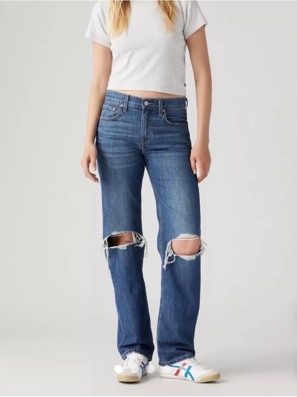 Levi's Blue Low Pro Straight-Leg Jeans with Knee Rips - Women's